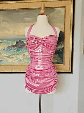 Norma Kamali Pink Metallic Vintage Style One Piece Bathing Suit Pinup Swimsuit